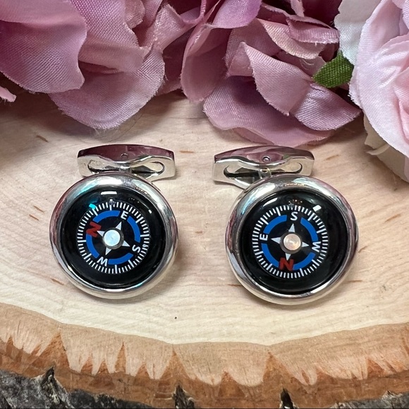 Unique Round Black and Blue Navigation Compass Silver Cufflinks - Picture 8 of 17